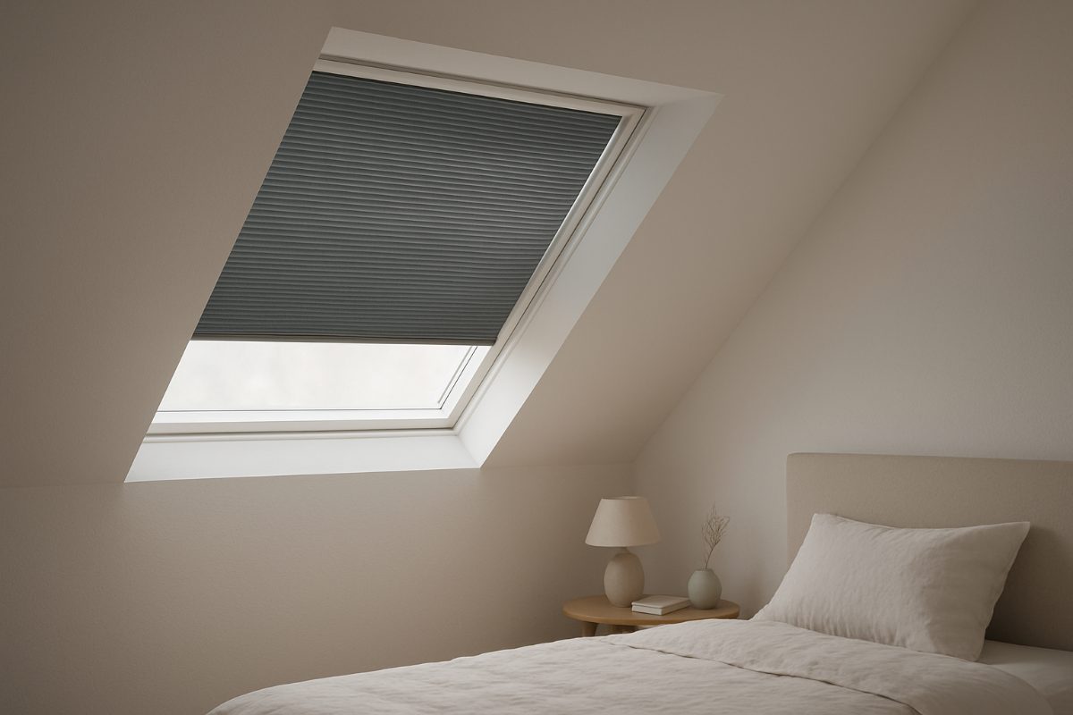Dakraam met een verduisterend plisségordijn in een slaapkamer